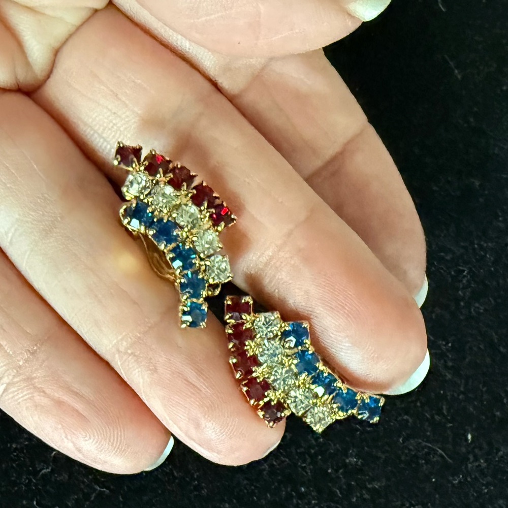 Elegant Gold, Red and Blue Rhinestone Earrings